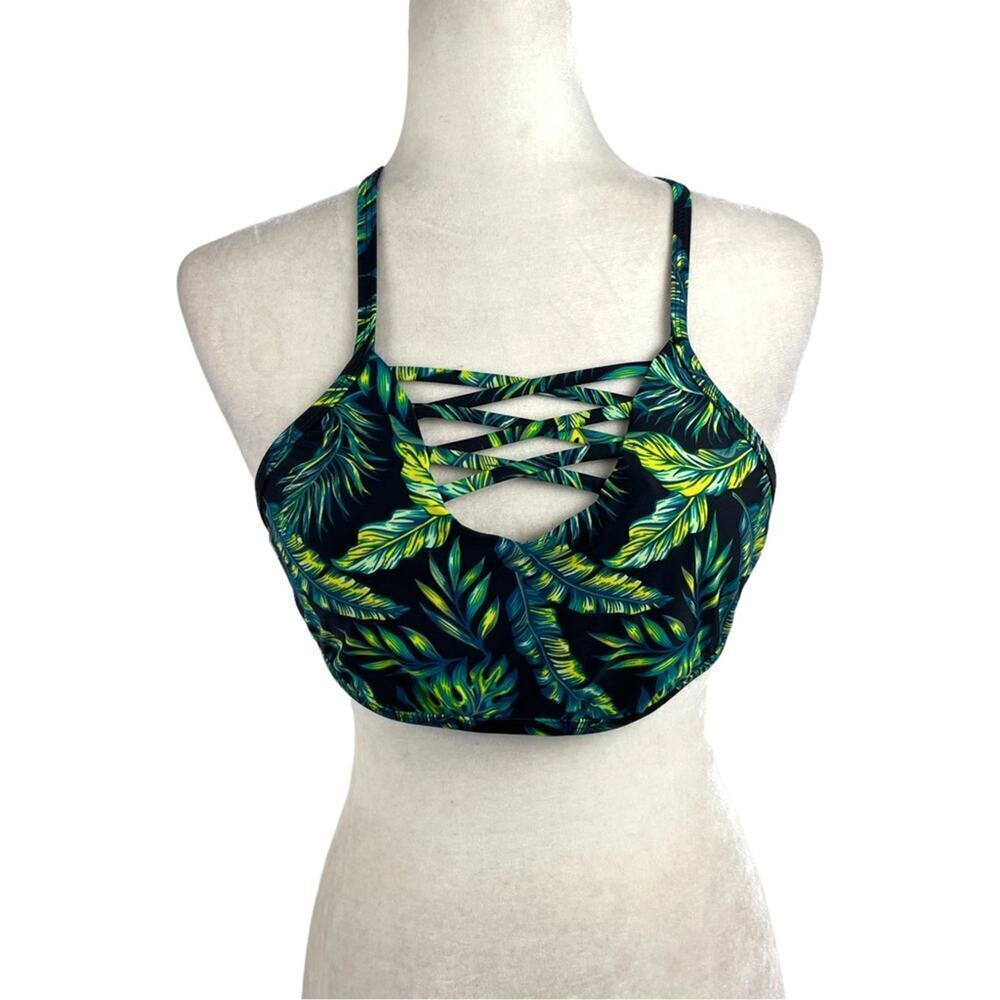 Cabana Del Sol Palm Leaf Tropical Criss Cross Bikini Top Medium Green